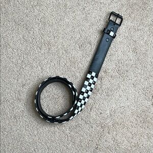 Black and White Checkered Leather Belt with Silver Buckle